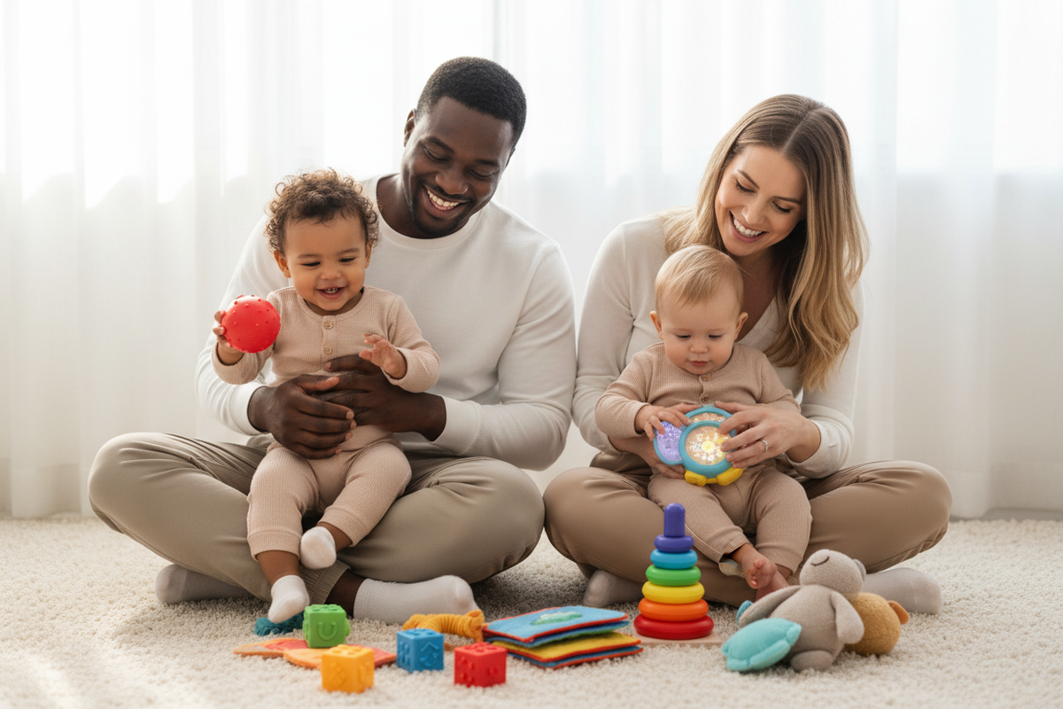 Papa noir et maman blanche avec leurs enfants de 18 mois jouant avec des jouets sensoriels