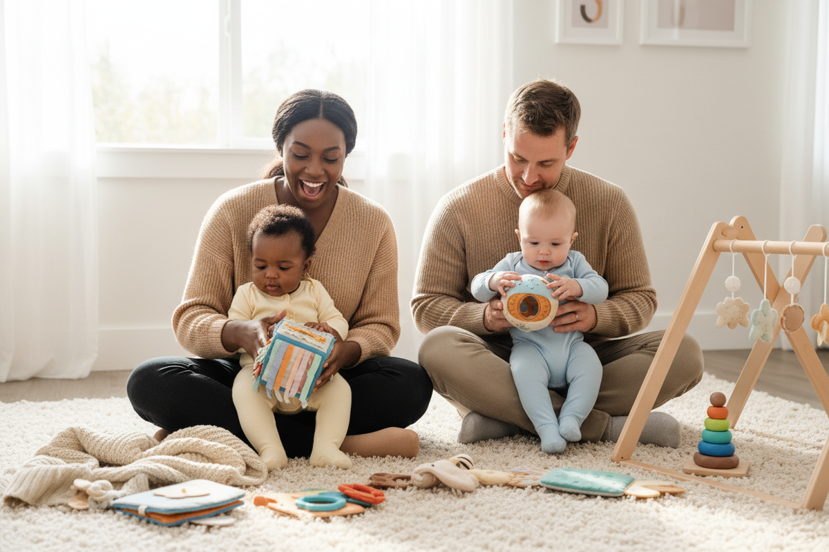 Familles diverses jouant avec des jouets éducatifs doux pour bébé